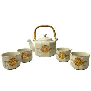 Otagiri Japan Tea Set Golden Mist Teapot With 4 Cups and Lid Holds 24oz Beige